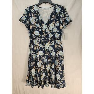 SO Womens Dress Size Medium Wrap Floral Ruffle Short Sleeve V Neck
